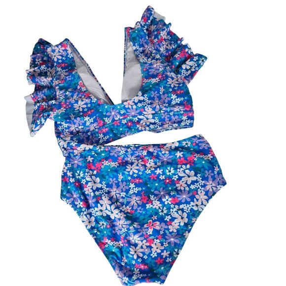 Womens Med Floral Ruffled Bikini Set Tropical High Waist Two-Piece Swimsuit Blue - Picture 7 of 8